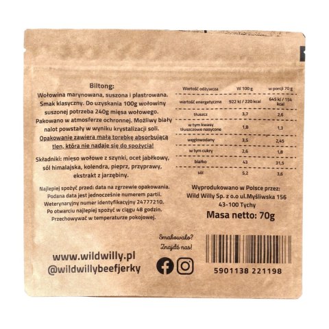 Wołowina suszona Wild Willy Biltong Classic 70 g Wild Willy
