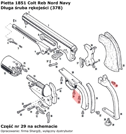 Długa śruba rękojeści 1851 Colt Navy, 1860 Colt Army, 1861 Navy, 1858 Remington (378) Pietta Firearms