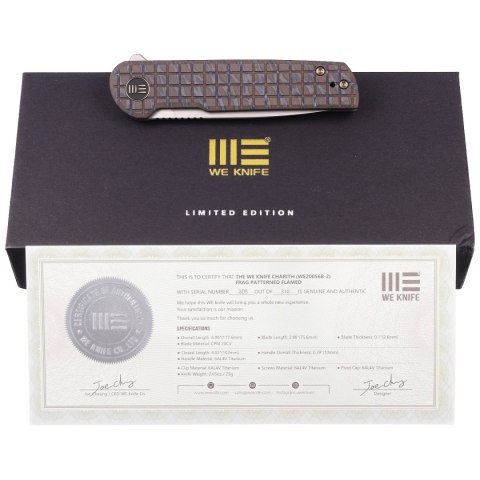 Nóż składany WE Knife Charith LE No 305/310 Frag Tiger Stripe Pattern Flamed Titanium, Silver Bead Blasted CPM 20CV (WE20056B-2) WE Knife
