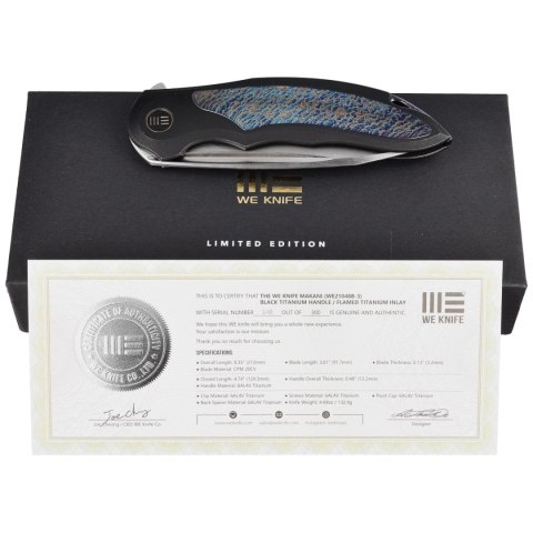 Nóż składany WE Knife Makani LE No 148/300 Black Titanium / Flamed Titanium Inlay, Hand Rubbed Satin CPM 20CV by Anton Tkachenko WE Knife