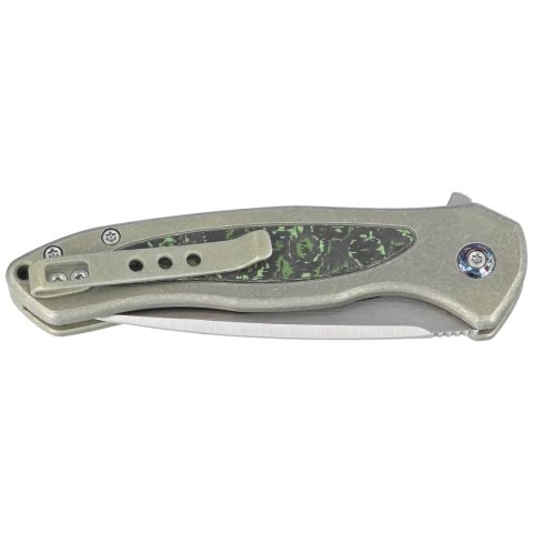 Nóż składany WE Knife Button Lock Kitefin LE No 103/157 Green Titanium/Jungle Wear Fat Carbon, Hand Polished Satin CPM 20CV (WE1 WE Knife