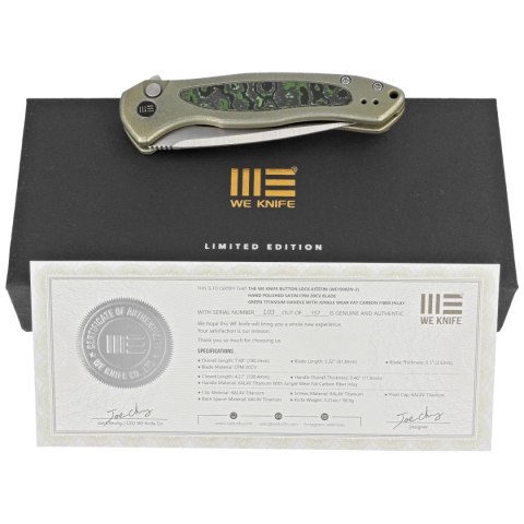 Nóż składany WE Knife Button Lock Kitefin LE No 103/157 Green Titanium/Jungle Wear Fat Carbon, Hand Polished Satin CPM 20CV (WE1 WE Knife