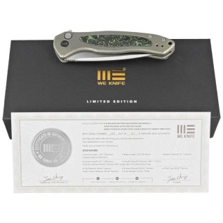 Nóż składany WE Knife Button Lock Kitefin LE No 110/157 Green Titanium/Jungle Wear Fat Carbon, Hand Polished Satin CPM 20CV (WE1 WE Knife