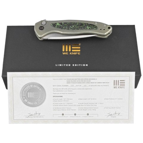Nóż składany WE Knife Button Lock Kitefin LE No 110/157 Green Titanium/Jungle Wear Fat Carbon, Hand Polished Satin CPM 20CV (WE1 WE Knife