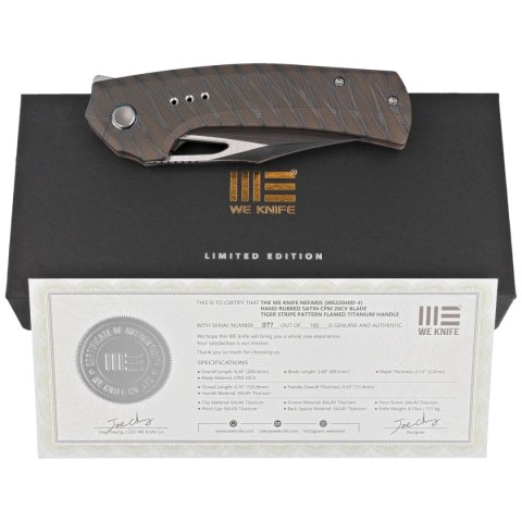 Nóż składany WE Knife Nefaris LE No 077/160 Tiger Stripe Titanium, Hand Rubbed Satin CPM 20CV (WE22040D-4) WE Knife