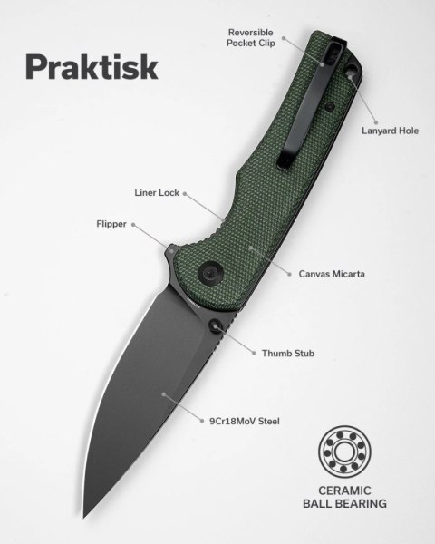Nóż składany Sencut Praktisk Green Canvas Micarta, Black 9Cr18MoV (S24019-3) Sencut by We Knife