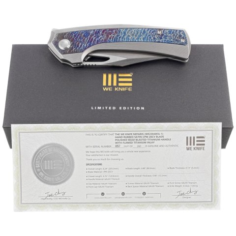 Nóż składany WeKnife Nefaris LE No 057/260 Gray/Flamed Titanium, Hand Rubbed Satin CPM 20CV (WE22040FA-1) WE Knife