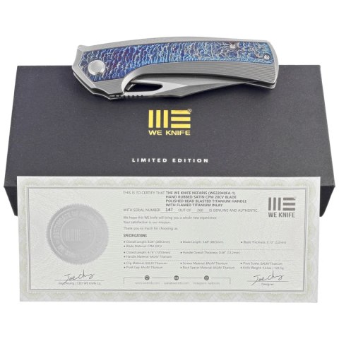 Nóż składany WeKnife Nefaris LE No 147/260 Gray/Flamed Titanium, Hand Rubbed Satin CPM 20CV (WE22040FA-1) WE Knife