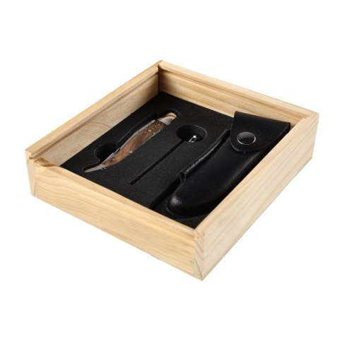 Nóż kieszonkowy Laguiole z rękojeścią z drewna zebrano, czarną pochewką i ostrzałką Laguiole