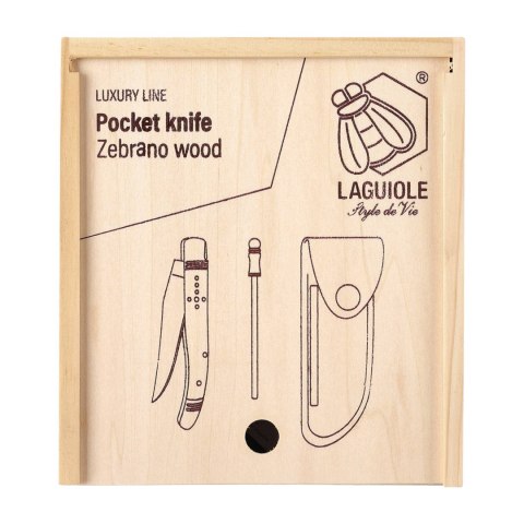 Nóż kieszonkowy Laguiole z rękojeścią z drewna zebrano, czarną pochewką i ostrzałką Laguiole