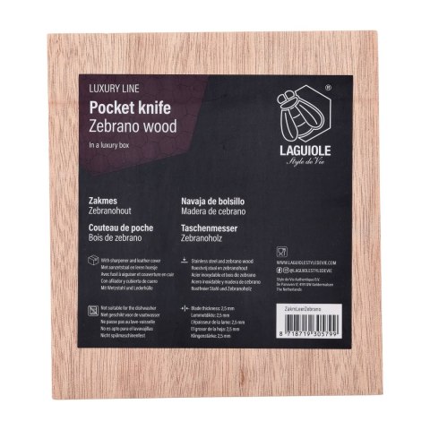 Nóż kieszonkowy Laguiole z rękojeścią z drewna zebrano, czarną pochewką i ostrzałką Laguiole